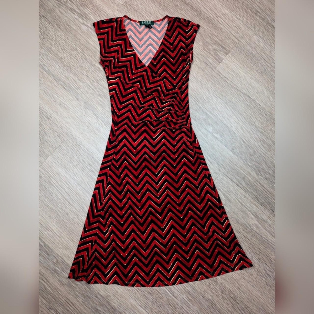 Lauren Ralph Lauren Petite Red & Black Chevron Zig Zag Sleeveless A-line Dress